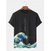 Mens Japanese Wave Print Crew Neck Short Sleeve T  Shirts