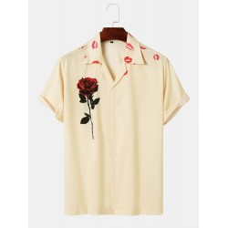 Mens Rose Red Lips Print Revere Collar Short Sleeve Shirts