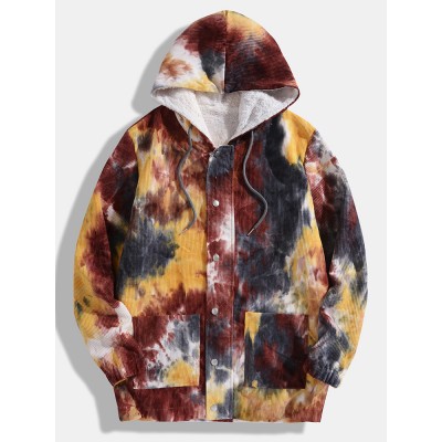 Men Corduroy Tie  dye Hooded Button Pockets Plush Lined Street Hooded Jackets