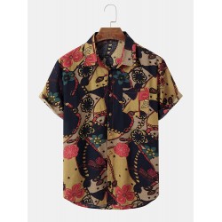 Mens Plants Patched Overlay Print Hem Cuff Short Sleeve Shirts